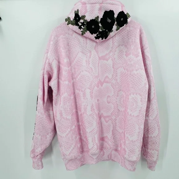 Civilregime Snakeskin Print Embroidered Floral Hoodie L Pink Black Cotton Blend - Picture 5 of 11